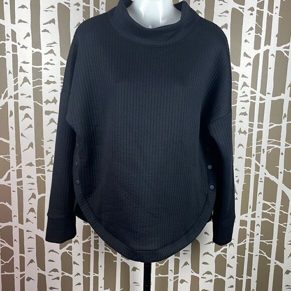 GapFit Jacquard Pull Over Ribbed Side Snap Mock Neck Sweatshirt sz L True Black - Picture 1 of 6